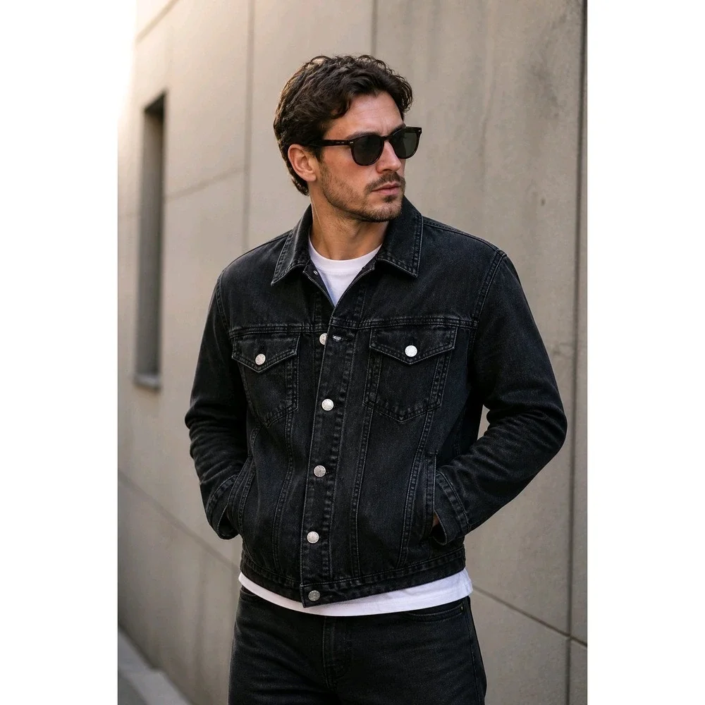 True Religion Mens Faded Black Denim Trucker Jacket World Tour Horseshoe Size M
